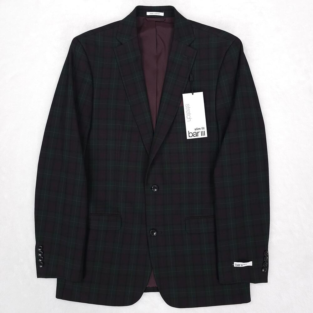 Bar III Mens Slim Fit Suit Jacket Blazer 40L Green Burgundy Plaid Stretch NWT